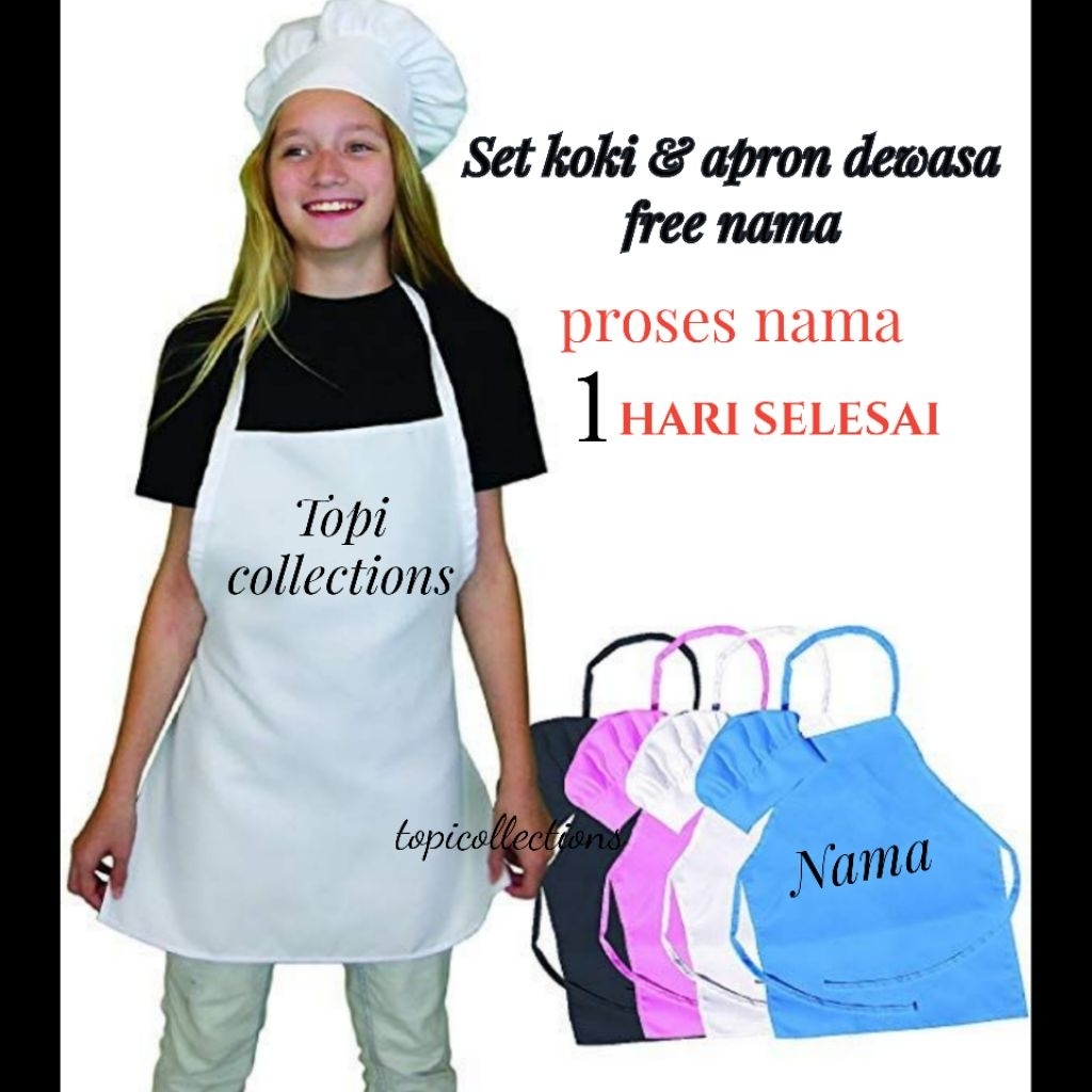 apron celemek dapur & masak dewasa Topi koki dan celemek dewasa free nama set koki logo MBG setelan 