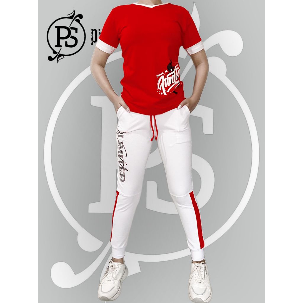 SETELAN AEROBIC JOGER T-SHIRT PENDEK MERAH PUTIH