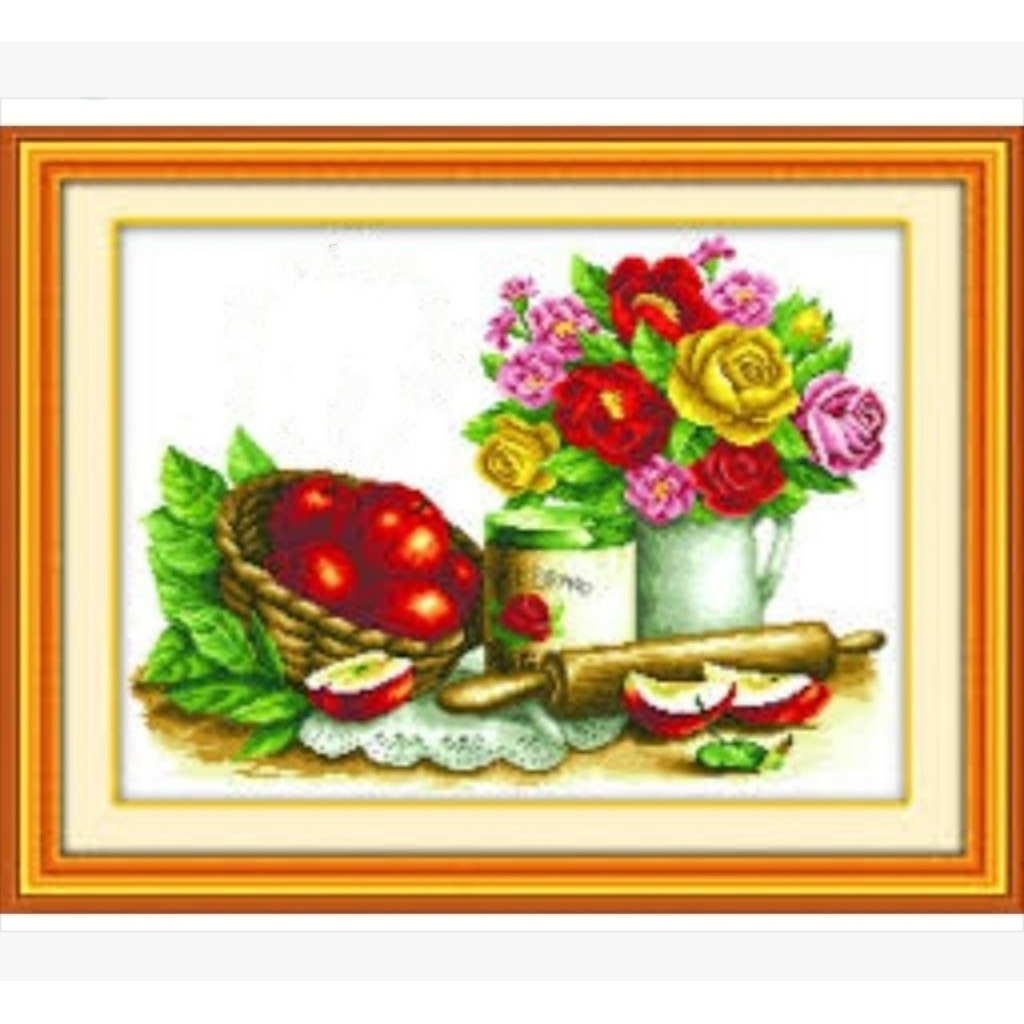 DIY PAKET KRISTIK BUNGA MAWAR DAN BUaH APEL CROSS STITCH KIT 14CT