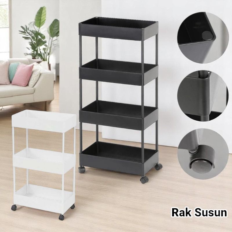 RAK 4 SUSUN SERBAGUNA DENGAN RODA WARNA HITAM DAN PUTIH | BAHAN PLASTIK