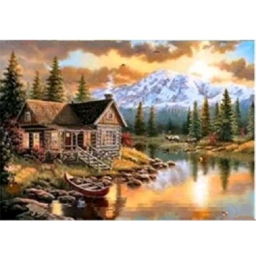 Paket kristik pemandangan rumah pedesaan di lereng gunung pola kain cross stitch 14ct