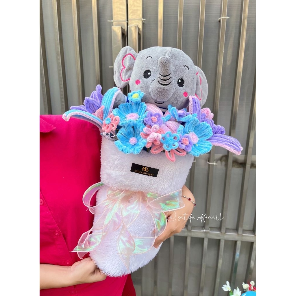 BOUQUET BONEKA GAJAH / STITCH / BEAR | ROUND BOUQUET BUNGA PITA SATIN PIPE CLEANER
