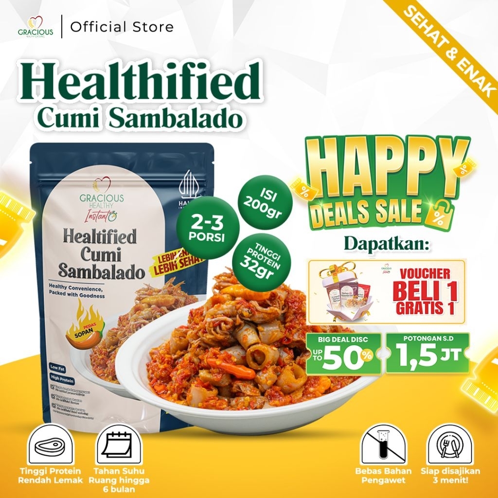 

Gracious Healthified Cumi Sambalado - Protein 32gr (Makanan Instant Sehat Siap Saji)