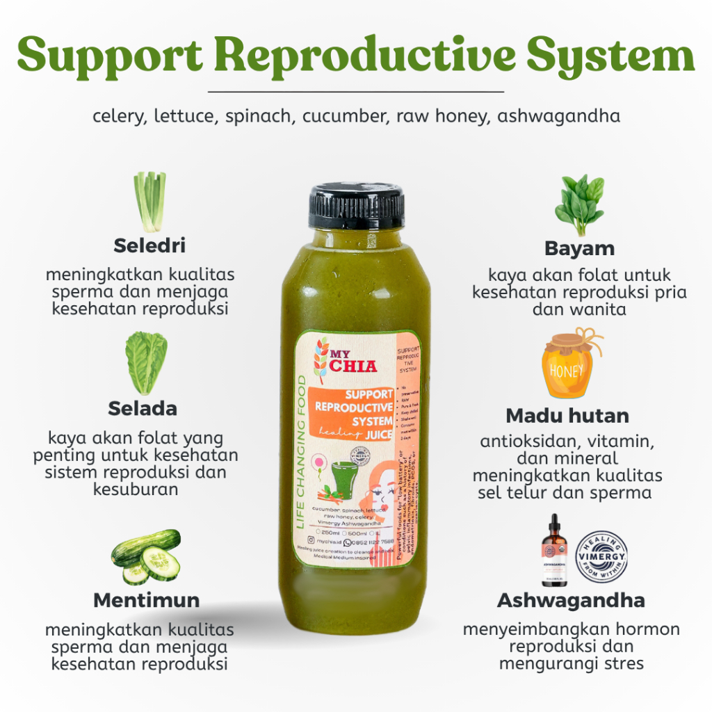 

Support Reproductive System Healing Juice 250ml Jus sistem reproduksi fertilitas pcos mens promil Cold Pressed My Chia