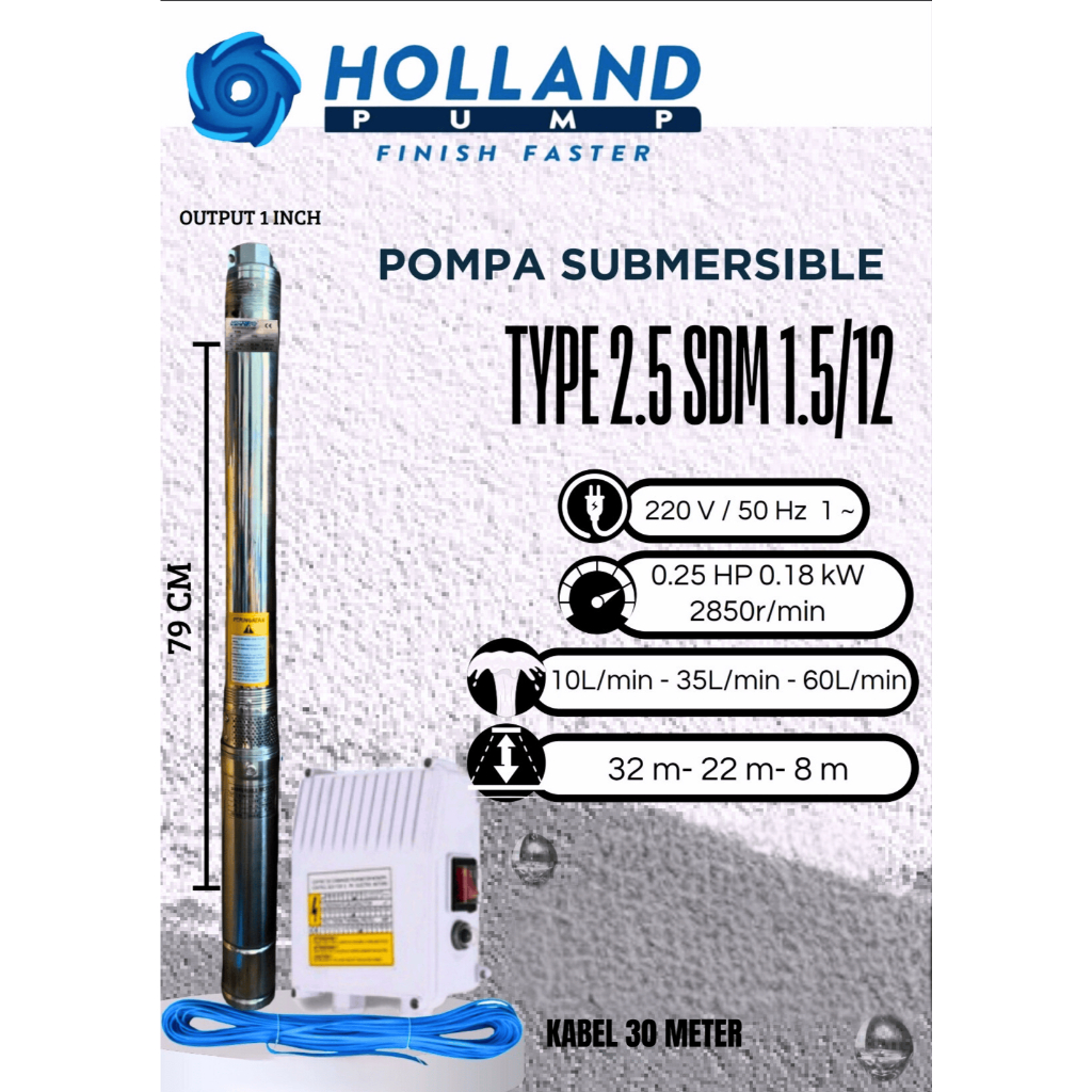 Pompa Air Submersible Holland pump casing 2.5 inch 0.25hp plus kabel 30meter