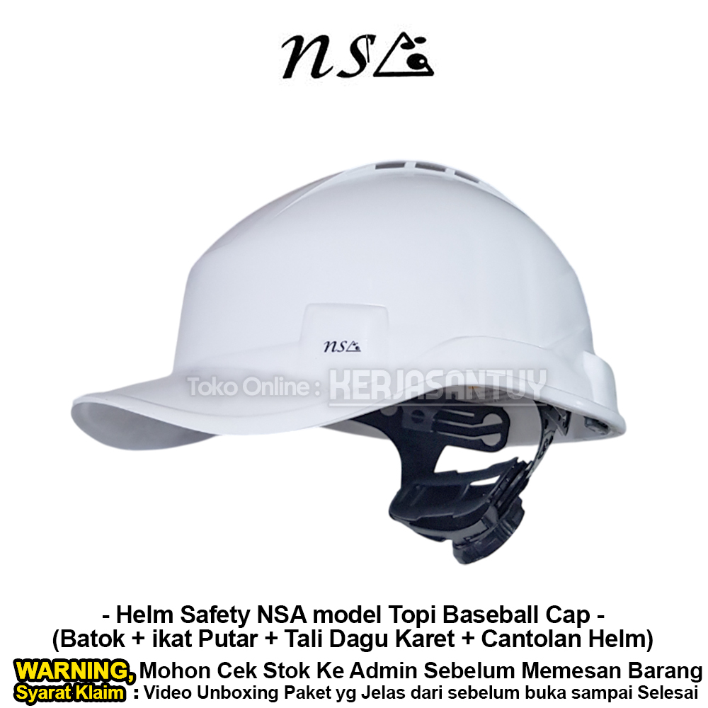 Helm Safety Proyek NSA Vented Putih + Ikat Kepala Putar + Tali Dagu Karet SNI model Baseball Cap