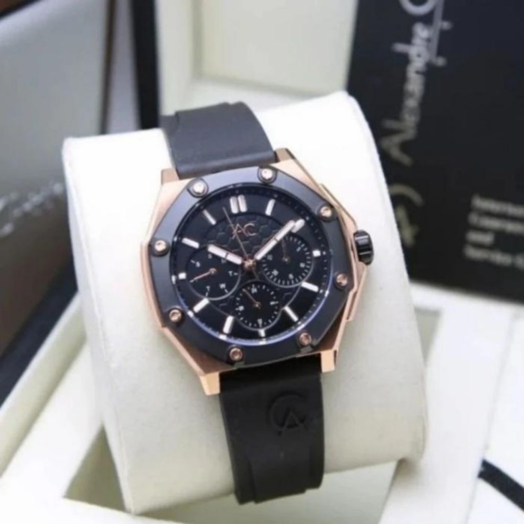 JAM TANGAN WANITA ORIGINAL ALEXANDRE CHRISTIE AC9601BF BLACK ROSEGOLD RUBBER STRAP