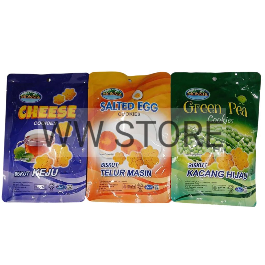 

Biskuit kukis rasa keju telur asin masin kacang polong hijau halal MUI MONSTA CHEESE SALTED EGG GREEN PEA COOKIES 100g
