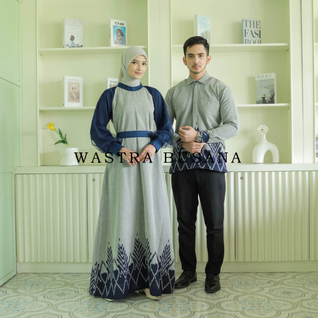 Set couple syahira grey navy kemeja pria dan dress wanita, gamis kondangan ethnic, couple baju konda