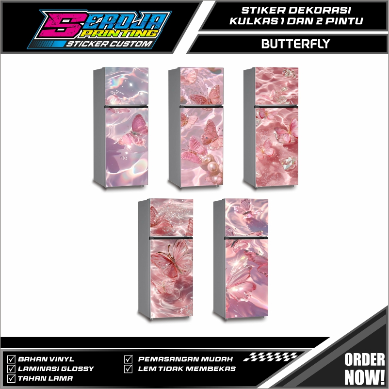STIKER KULKAS 1 PINTU DAN 2 PINTU STICKER MOTIF KUPU-KUPU BUTTERFLY LUCU SUDAH DILAPISI ANTI GORES L