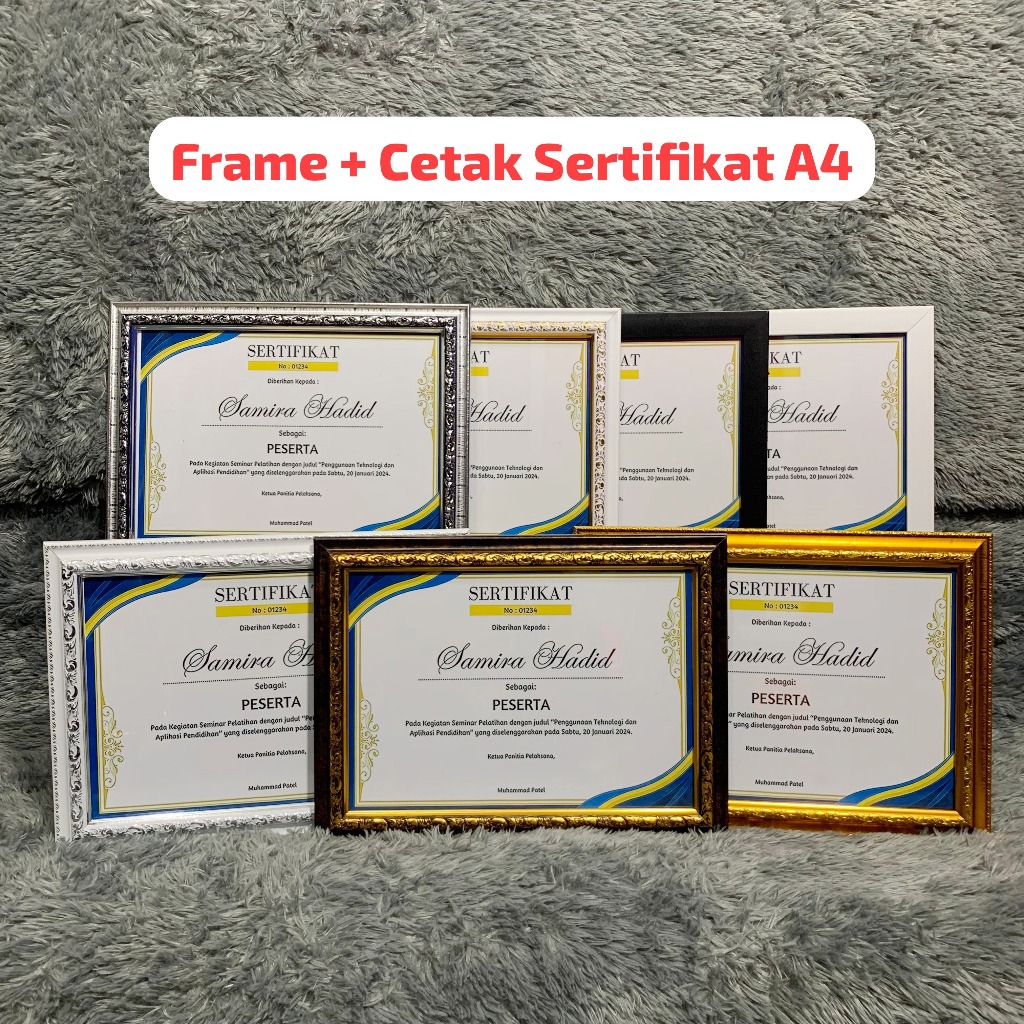 Bingkai Sertifikat A4 + CETAK, Frame Sertifikat A4 + CETAK, Figura A4 + CETAK 21x30cm + Kaca