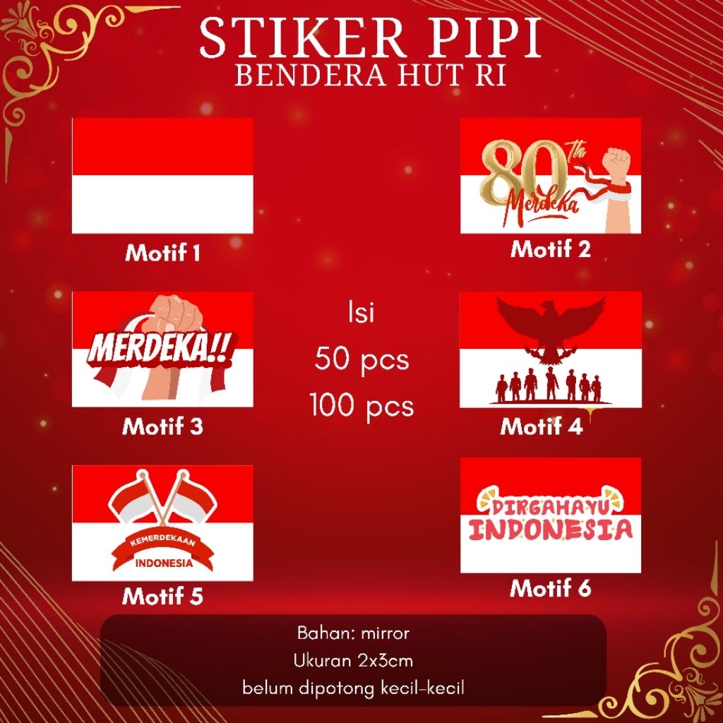 

STIKER PIPI BENDERA MERAH PUTIH HUT RI UKURAN ±2×3cm ISI 50-100PCS