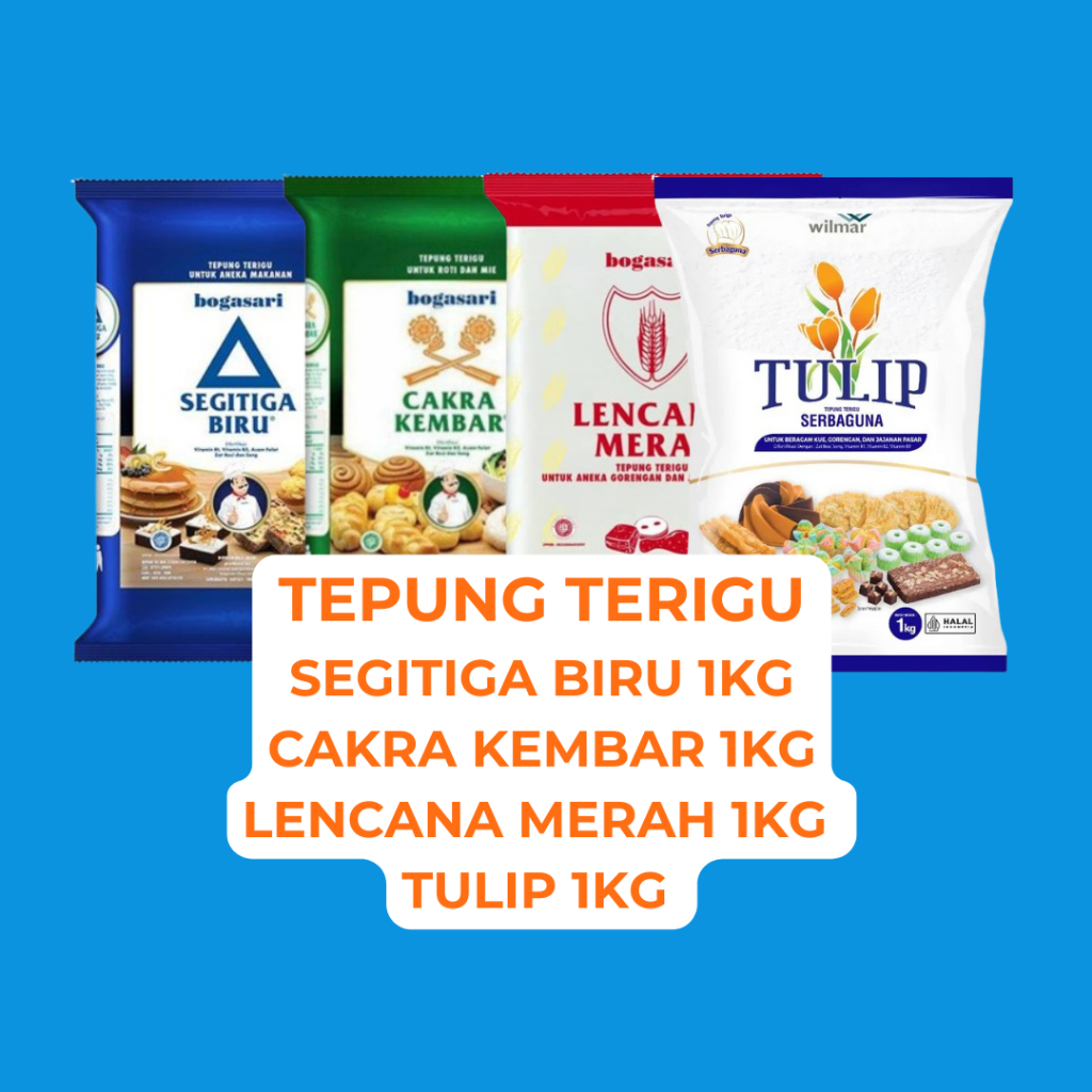 

TEPUNG TERIGU SEGITIGA BIRU/CAKRA/LENCANA MERAH/TULIP 1KG 1 DUS