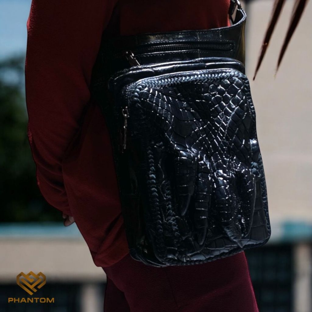 TAS SELEMPANG KULIT BUAYA - TAS PINGGANG PRIA CAKAR BUAYA ASLI - TAS PRIA KULIT BUAYA CAKAR HITAM