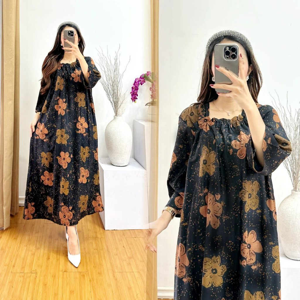 Longdress Fuji Daster Panjang Semata kaki Daster Fuji Lengan Panjang Motif Kekinian Simple Karet Dad