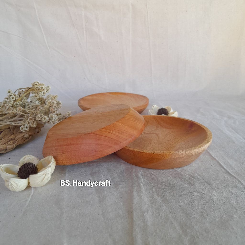 Piring kayu mahoni/piring saji/piring bulat/lepek kayu/piring kayu 13cm/wadah sambal kayu/lepek kayu