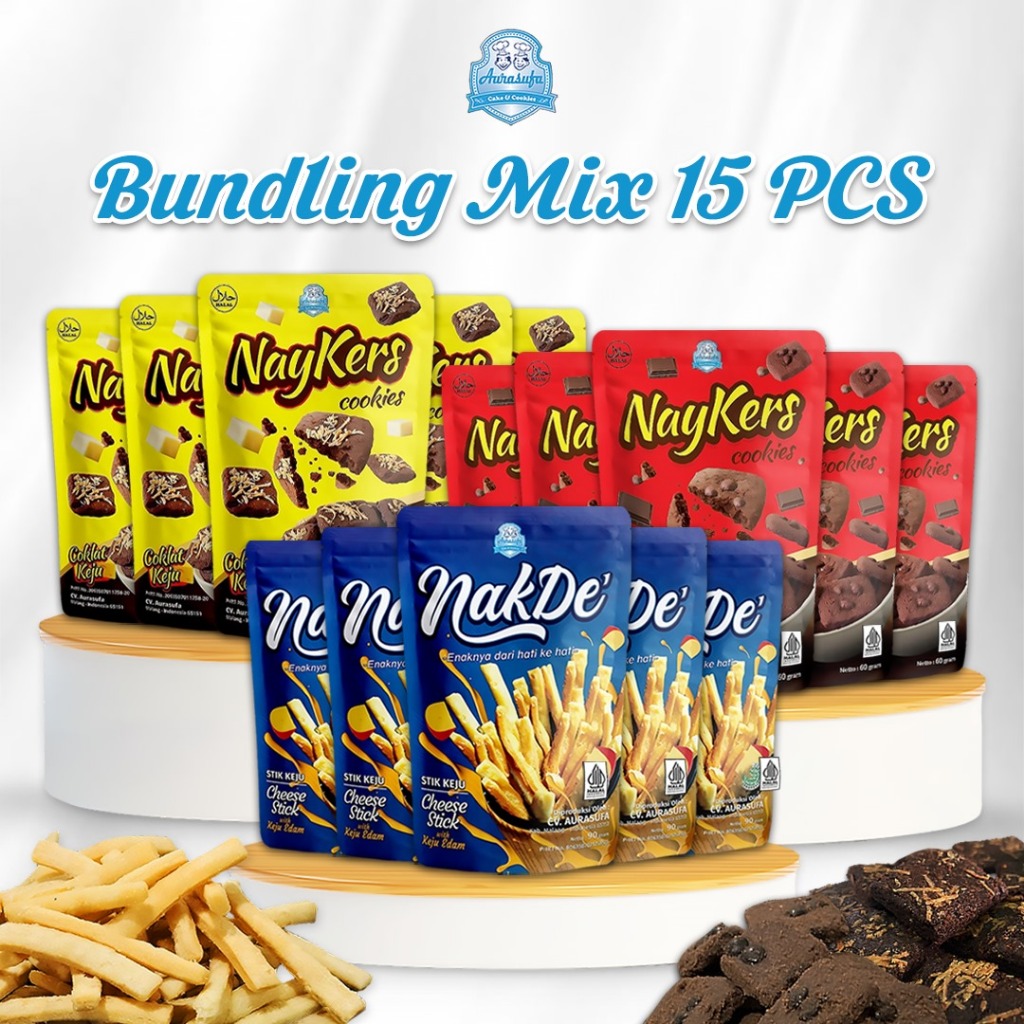 

PAKET LENGKAP 15 Pcs, Cheese Stik NakDe, Cookies Coklat Cococips, Cheese Naykers, Cemilan Premium
