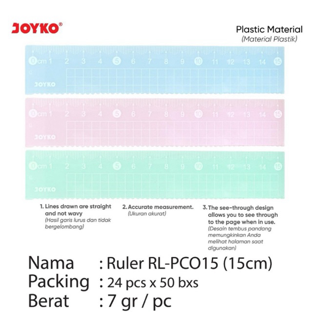 

RL-PCO15 Penggaris Plastik Warna Pastel / Garisan ruler 15cm dan 20cm Pastel RL-PCO20 Joyko