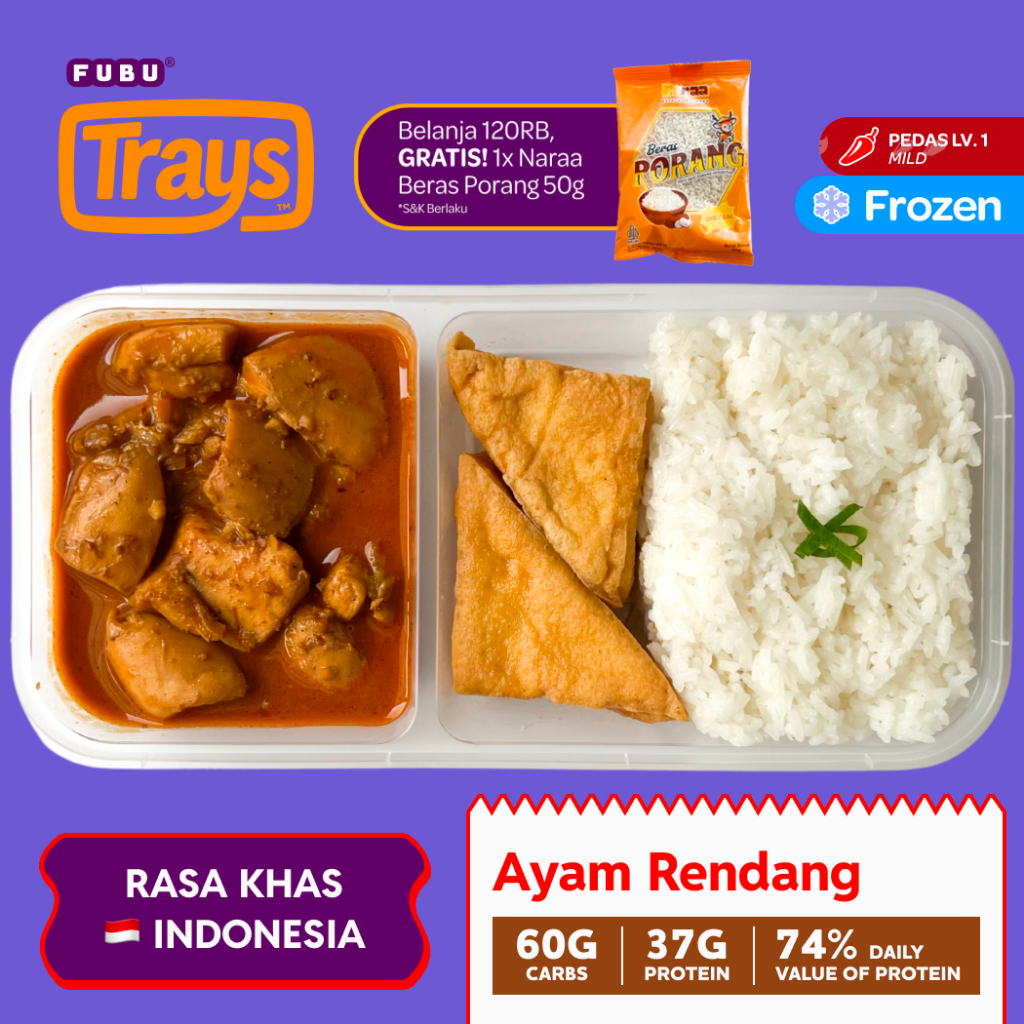 

FUBU TRAYS Ayam Rendang with Fried Tofu and Jasmine Rice - Juicy Chicken Thigh Paha Ayam khas Padang Asli dengan Tahu Goreng Segitiga dan Nasi - Satu Porsi Lauk Instan Siap Makan Frozen Microwave Ready Meal