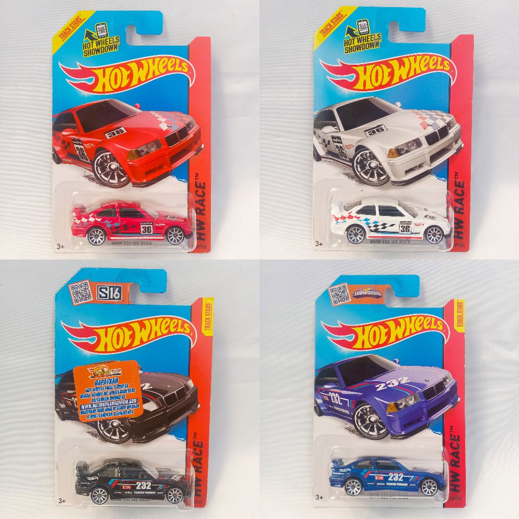 Paket 4in1 Diecast Hot Wheels BMW E36 M3 Race – Track Stars Series | Miniatur Mobil Balap Skala 1:64
