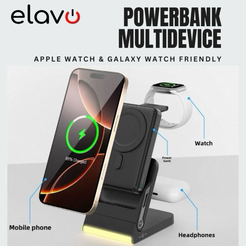 Elavo Powerbank 10.000mAh 3 in 1 multidevice wireless charger magnetic cocok untuk jam tangan galaxy