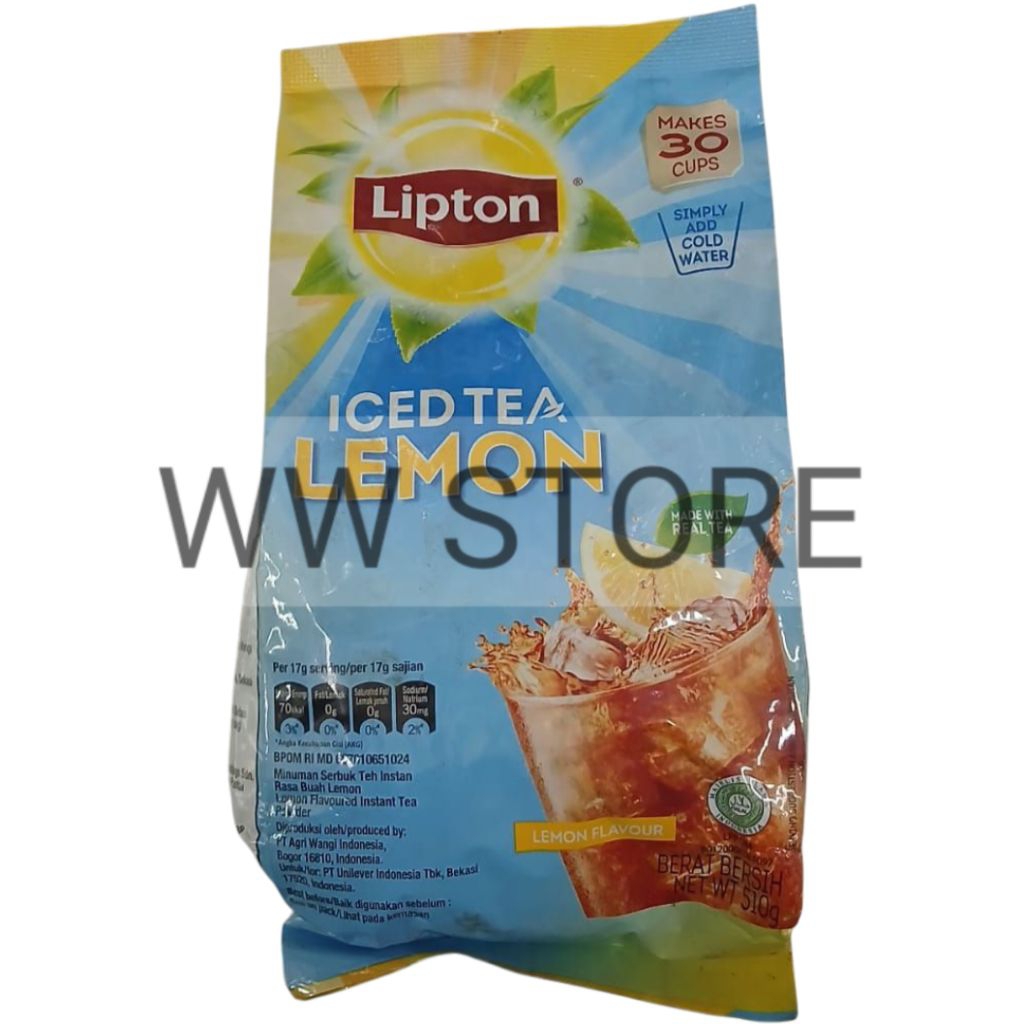 

Serbuk bubuk minuman teh instan halal MUI Lipton ICED TEA LEMON flavor flavour bag pouch 510g