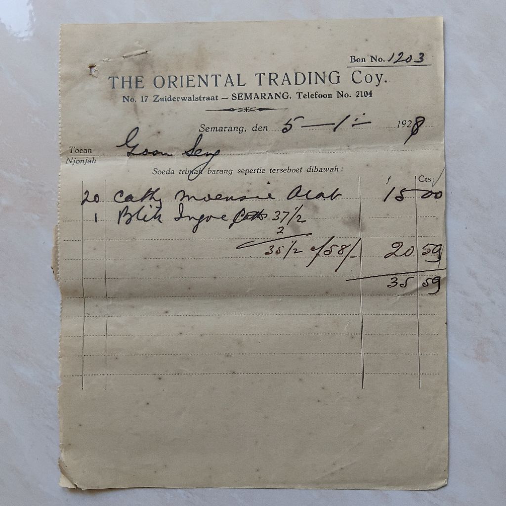 Koleksi Dokumen Arsip Kuno Tua Nota Pengiriman Barang Era Nederland Indie 5-1-1928 - YN2632