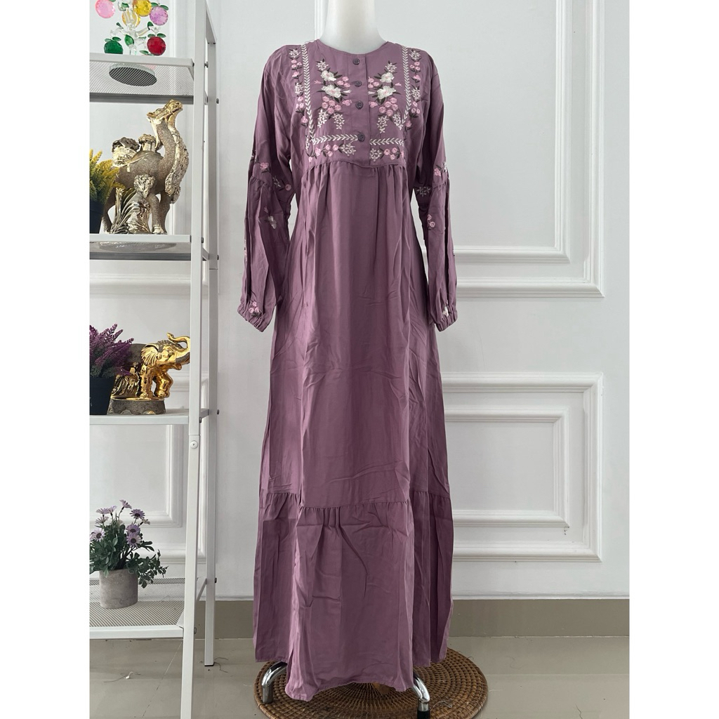 Amanda Gamis rayon twill premium motif bordir lengan balon