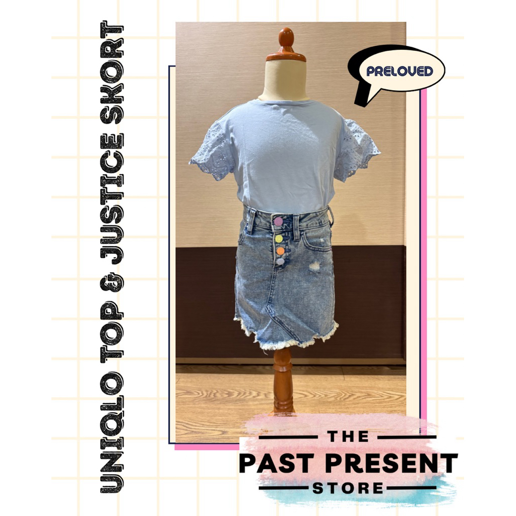 Preloved Set kaos Uniqlo Kids T-Shirt & rok celana Justice Jeans Skort