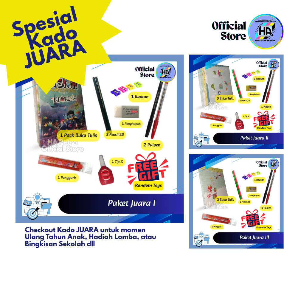 

PAKET KADO BINGKISAN ANAK SEKOLAH – Hadiah Ulang Tahun / Lomba / Donasi – Alat Tulis Lengkap