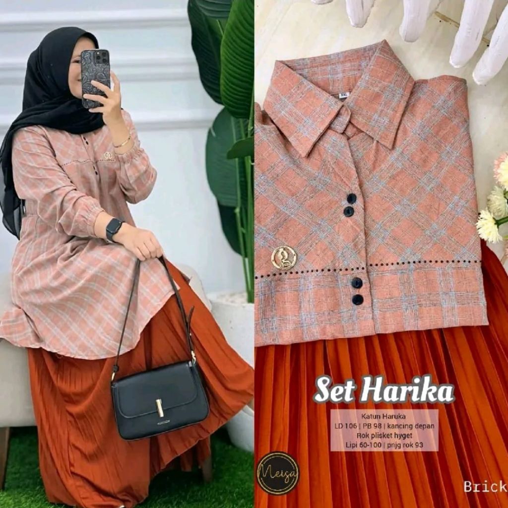 SETELAN WANITA HARIKA SET ATASAN TUNIK ROK PLISKET