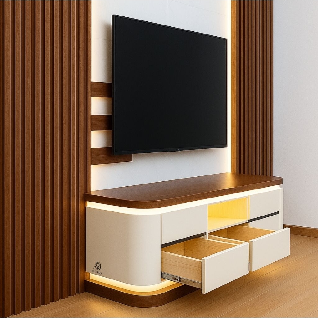 Meja Bufet TV Minimalis Modern LED  Rak TV Dinding Hpl Kayu Putih Coklat Elegan