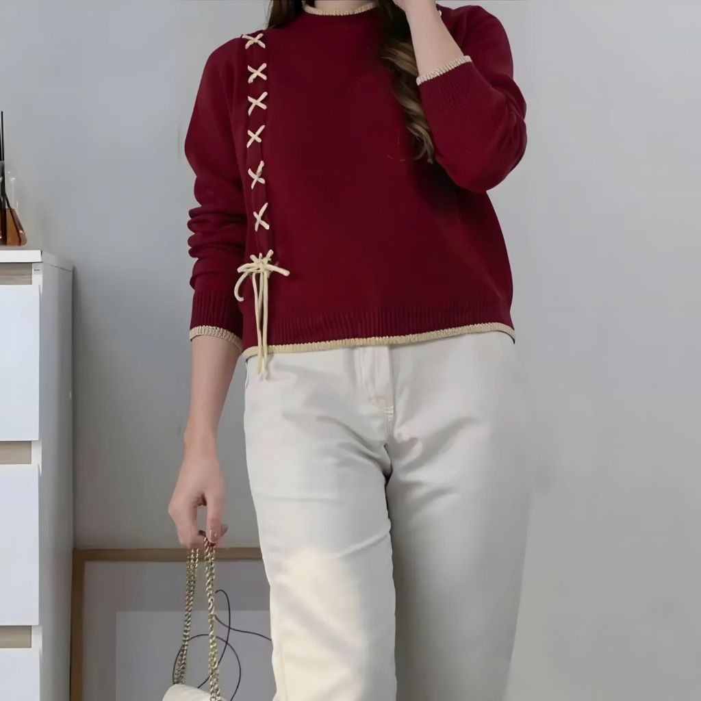 Allea Blouse - Sweater Knit Rajut Wanita Crop Oversize Jumbo Tali Pita Talikur Top Knit Atasan Rajut