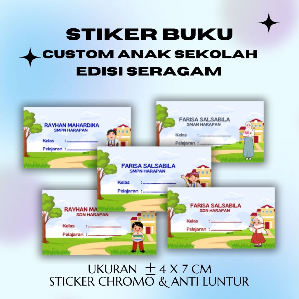 

[Isi 20 Lembar] CUSTOM Stiker Buku Sekolah Anak Edisi Seragam Sekolah Ukuran 4x7cm | Sticker Label Nama Pelajaran