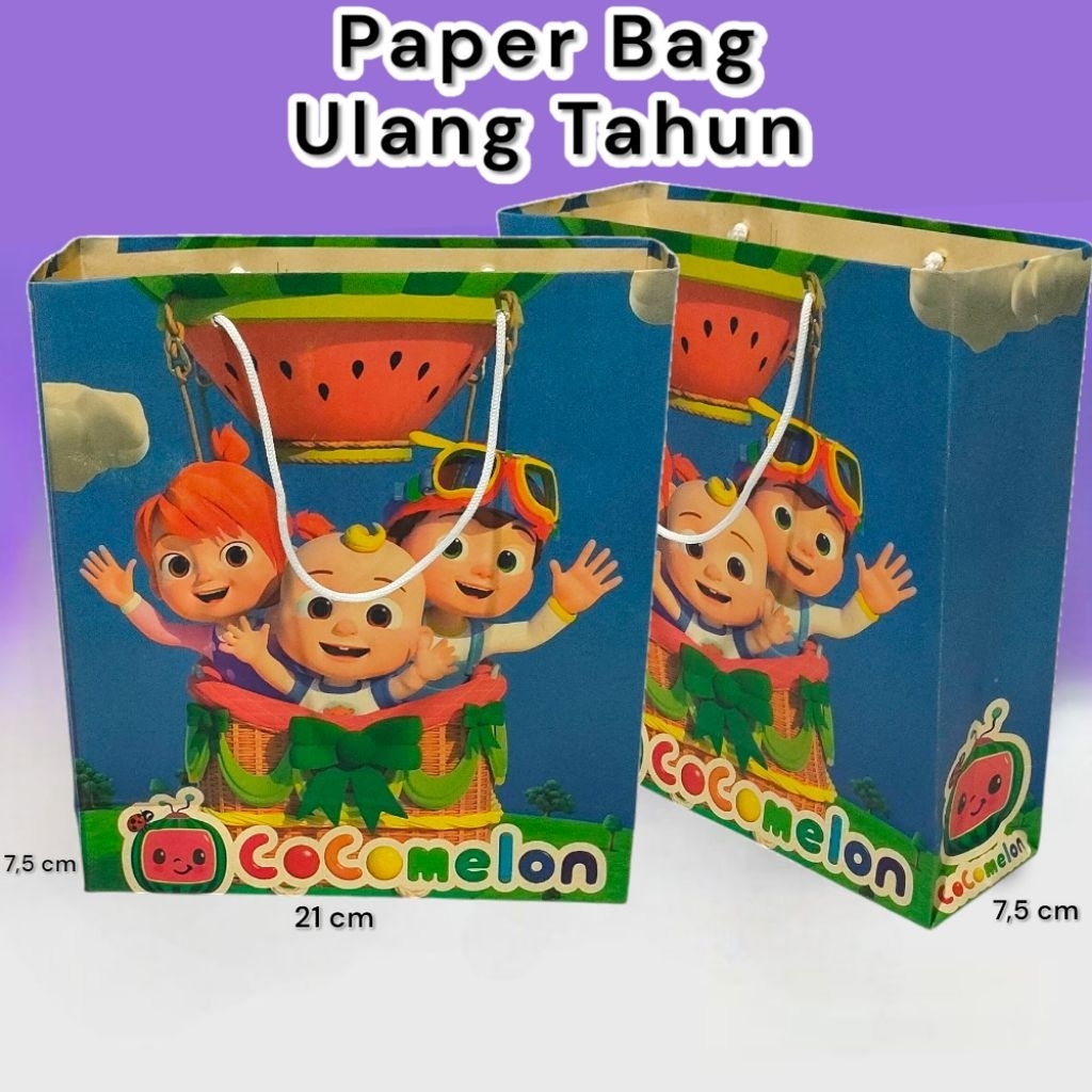

Paper Bag Motif Karakter Cocomelon Ulang Tahun Lusinan isi 12 Pcs Ukuran 21×7×24 cm