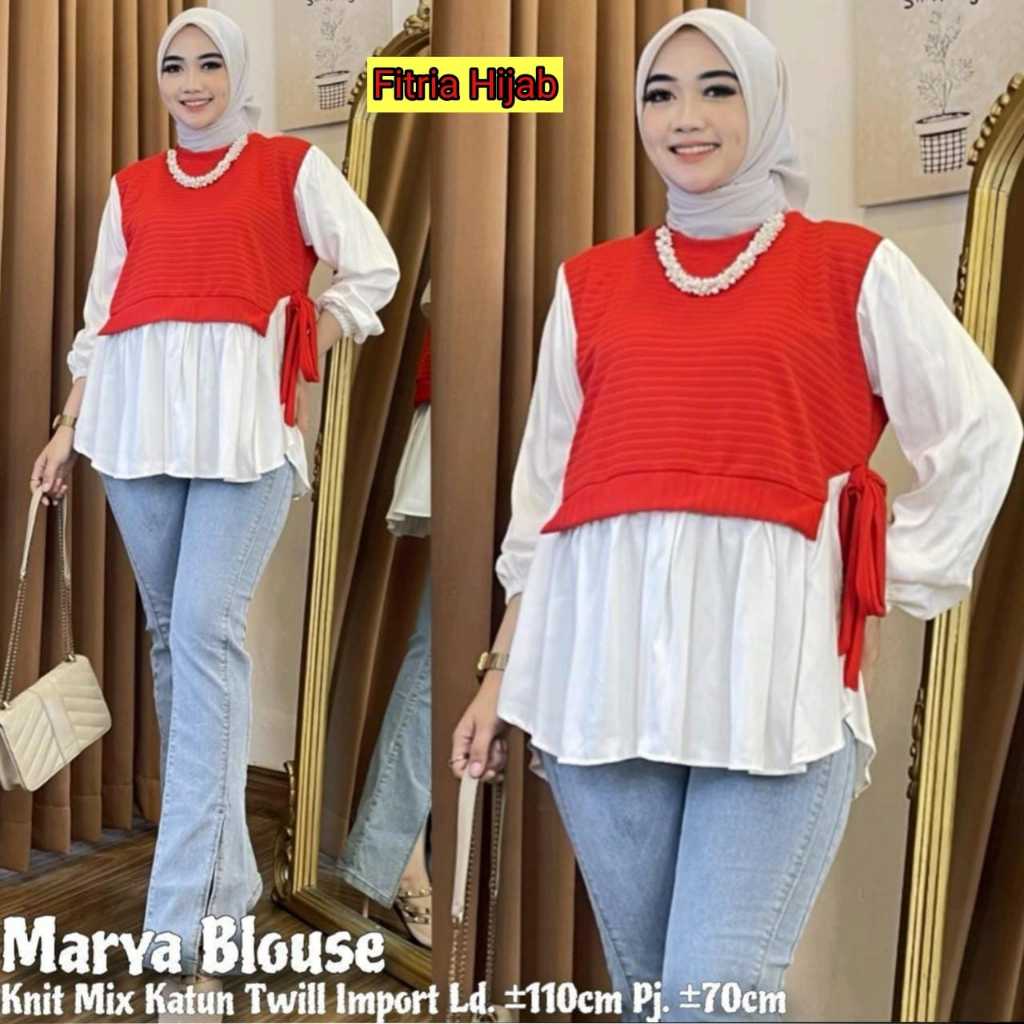 Marya blouse baju atasan kemeja wanita jumbo ld 110 knit katun polos merah putih agustusan merdeka