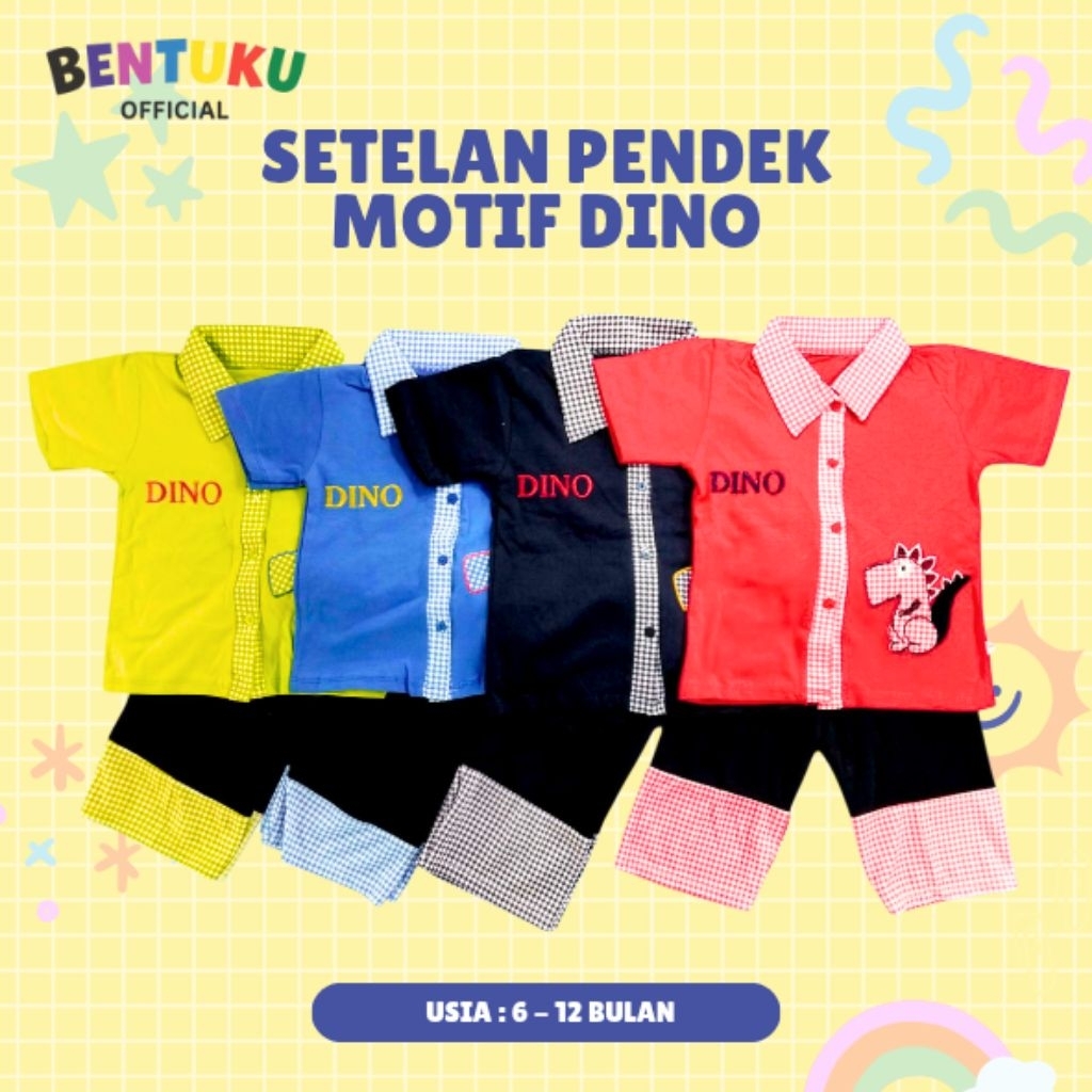 BAJU SETELAN ATAS BAWAH BAYI BABY ANAK MODEL FASHION HEM 6-12 BULAN BAHAN KATUN ADEM | MOTIF DINO