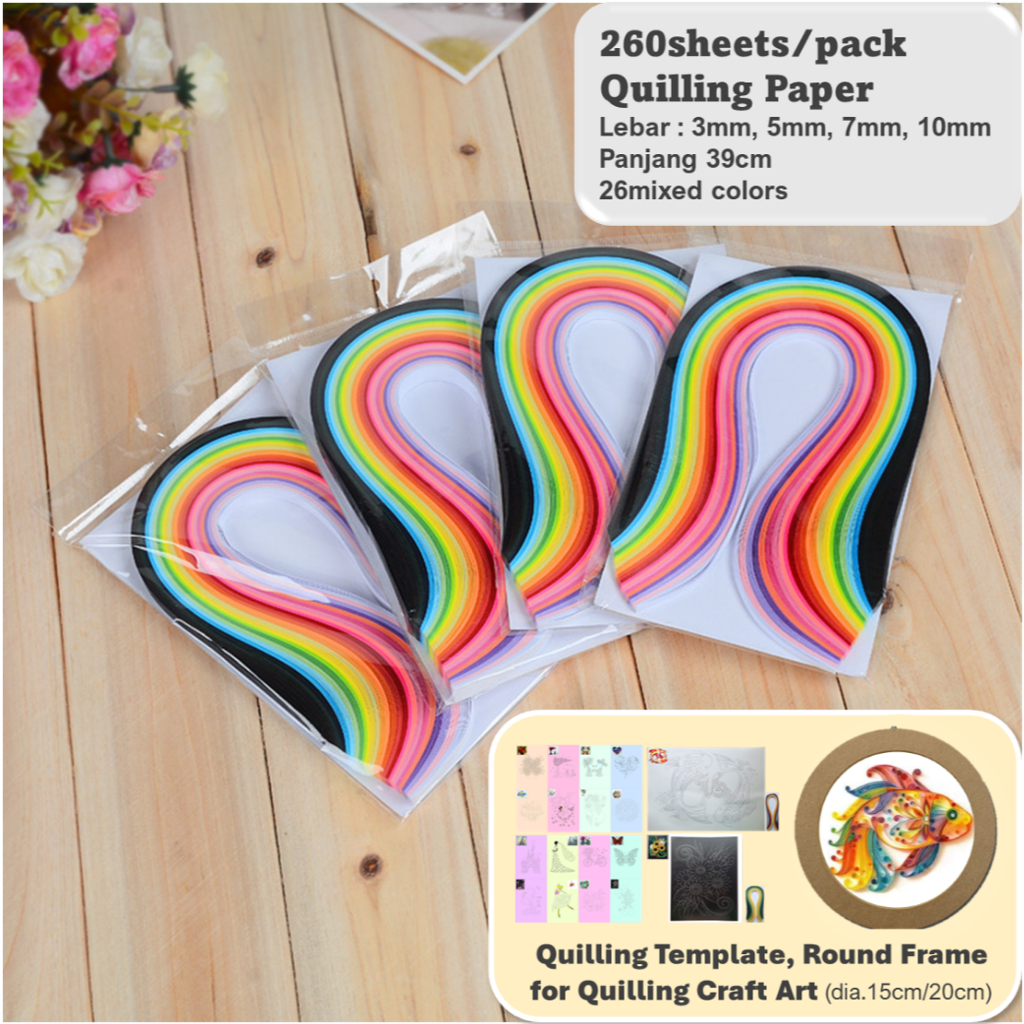 

BYL ~ Kertas Paper Quilling warna warni isi 260pcs, panjang 39cm Varian 3mm 5mm 7mm 10mm, Quilling Template Kertas Pola Quilling, Round Frame Dia.15cm/20cm for Quilling Craft Art