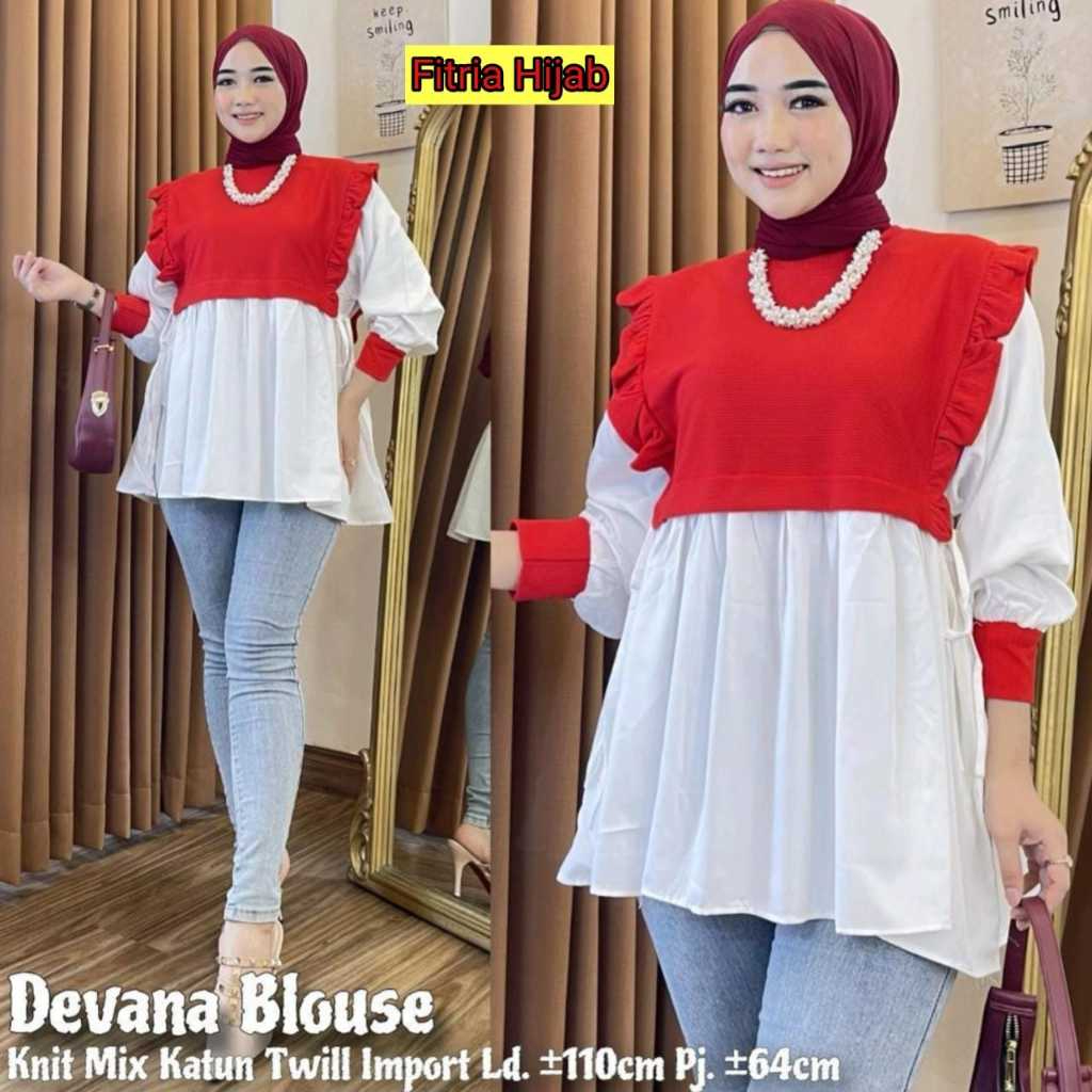 Devana blouse atasan kemeja baju wanita jumbo ld 110 knit mix katun merah putih agustusan merdeka