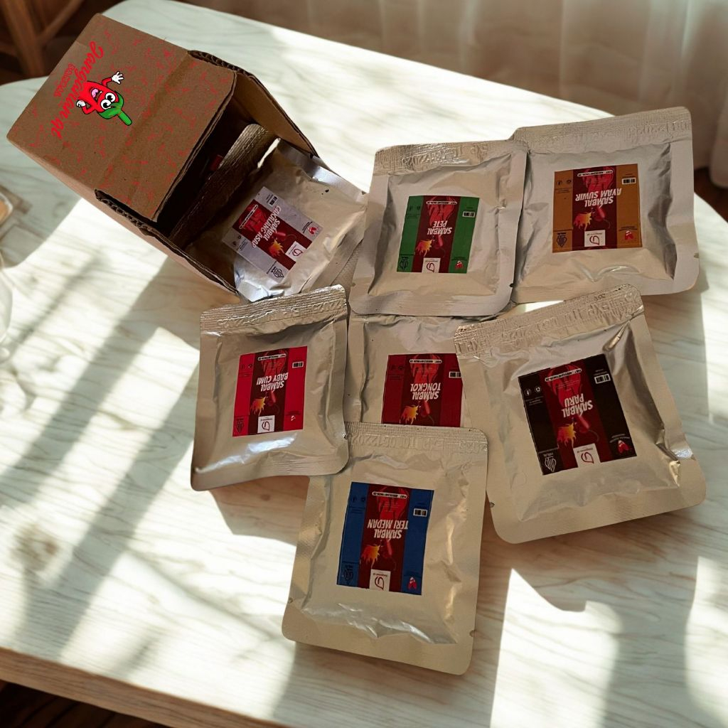 

Sambal Sachet 20gr, Sambal Baby Cumi, Sambal tongkol, Paru, cakalag asap, Sambal Teri Medan, Sambal ayam suwir, Sambal pete, dll