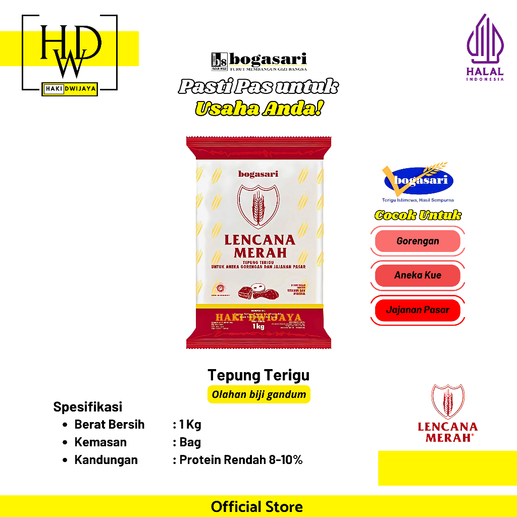 

[1kg] Bogasari Lencana Merah Tepung Terigu Protein Rendah Cocok untuk Gorengan, Biskuit & Kue Kering