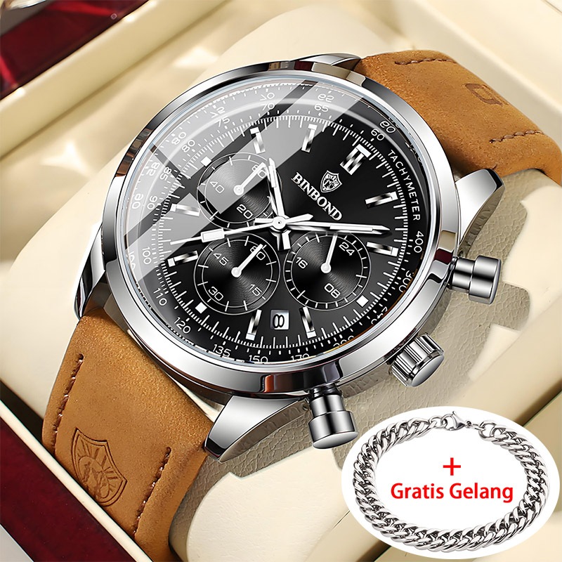 BINBOND Sport Watch Men Luminous Waterproof Quartz Watches Men Black Leather Wristwatch Mens