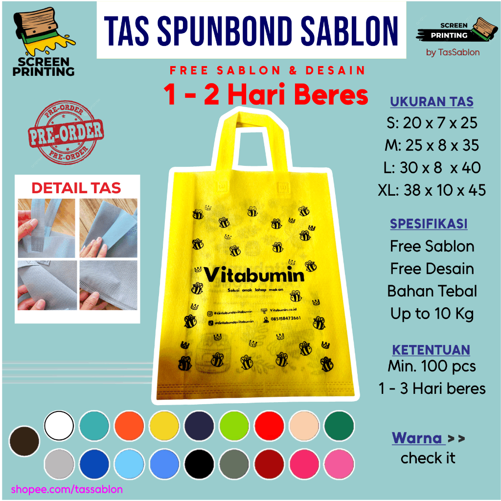 

Tas Spunbond Sablon Custom untuk Souvenir Bingkisan Acara Bisa Pilih Ukruan dan Warna