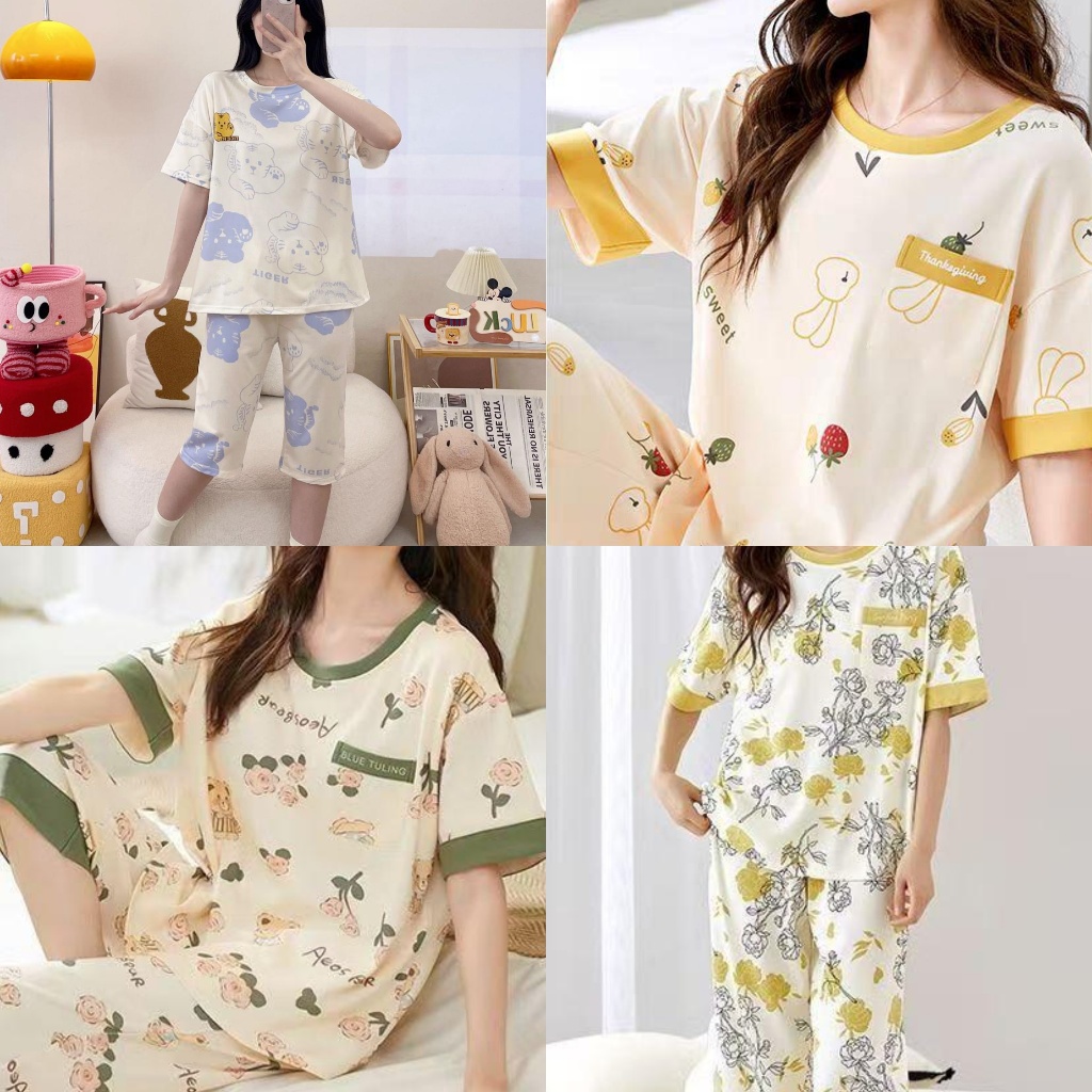 BAJU TIDUR PIYAMA PEREMPUAN CEWEK WANITA KAOS KATUN IMPORT BERKUALITAS LENGAN PENDEK SETELAN CELANA 