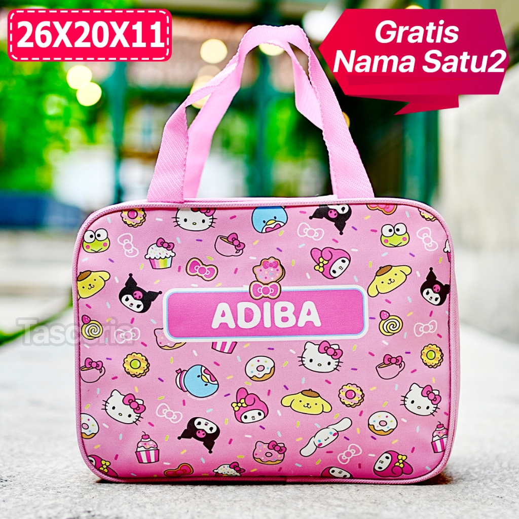 

Tas Souvenir Polyster Ulang Tahun Anak Gambar Melody and Kuromi Sanrio Custom