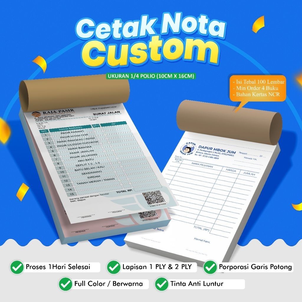 

Cetak Nota Custom 2ply Isi 100 Lembar Ukuran 1/4 Polio Bahan Kertas NCR Paper Bebas Desain Nama & Logo Buku Nota Kwitansi Bon