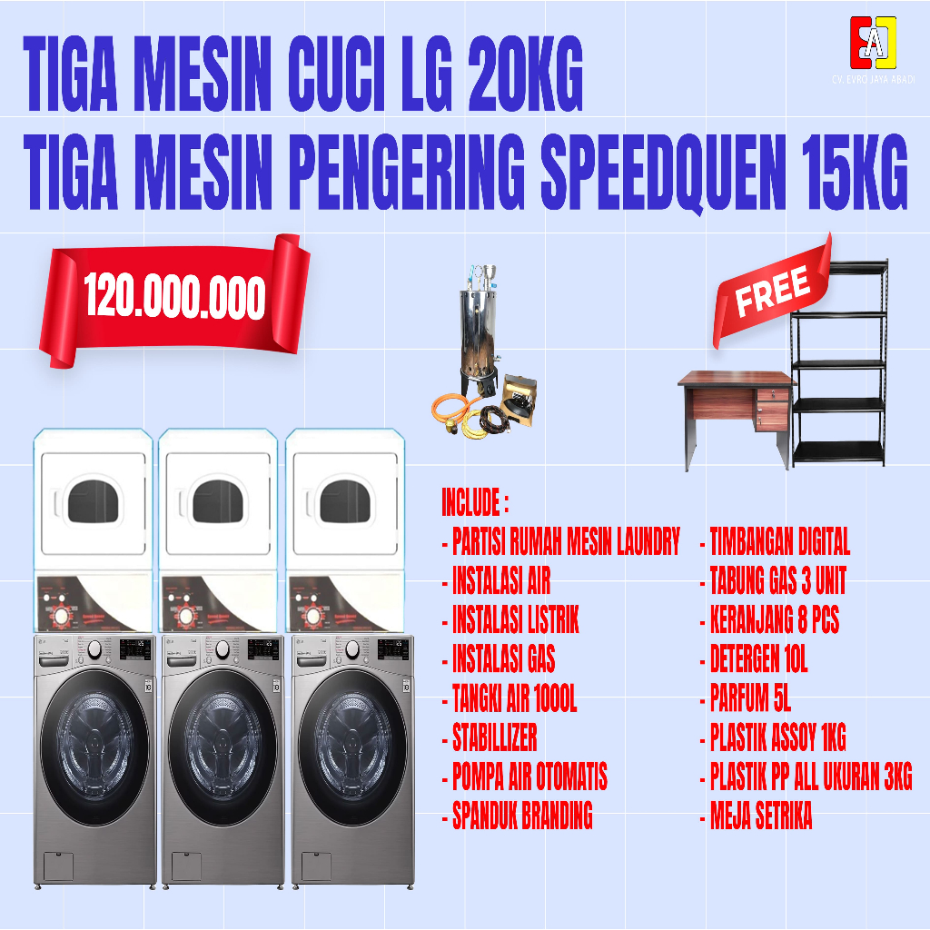 Paket Usaha Laundry 3 Unit Mesin Cuci LG 20 KG & 3 Unit Dryer SpeedQueen 15 KG dan Boiler 10 Liter