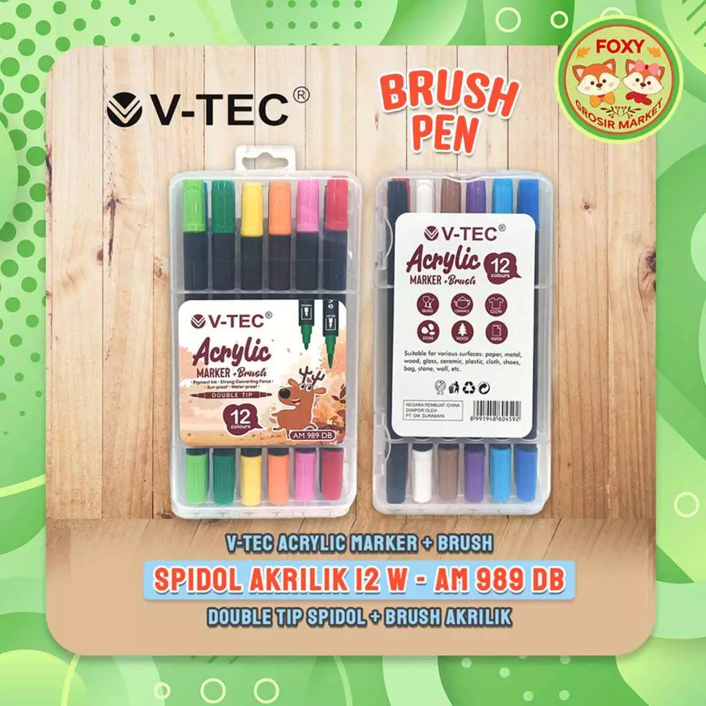 

V-TEC Acrylic Marker + Brush PEN AM 989 DB / 12 Colour - Double Tip VTec / Cocok untuk berbagai macam permukaan - VTEC Spidol + Brush Akrilik Brush Pen 2