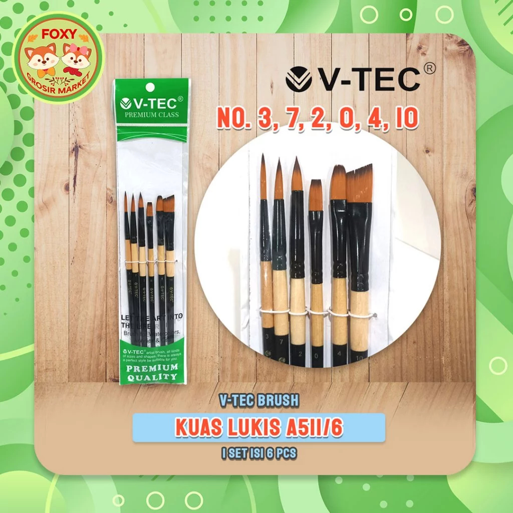 

Kuas V-TEC tipe A511/ 6 SET / Kuas Lukis VTEC / Brush for Watercolor Acrylic, Oil / 6 Ukuran V Tec No. 3 No. 7 No. 2 No. 0 No. 4 No. 10 2