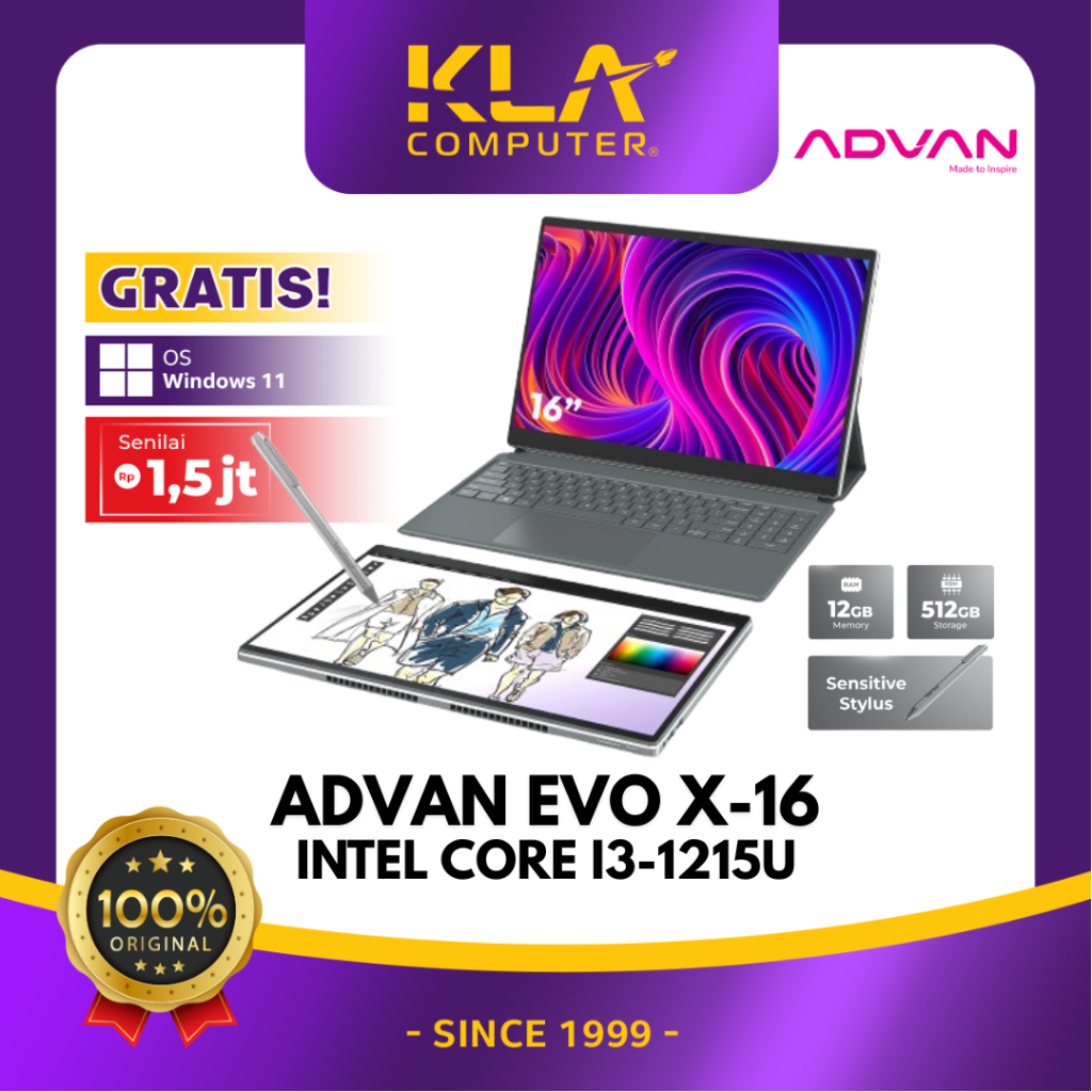 Advan Laptop 2 in 1 EVO-X 16 Inch Intel Core i3-1215U 12GB SSD 512GB Touch Screen Detachable 2.5K Di